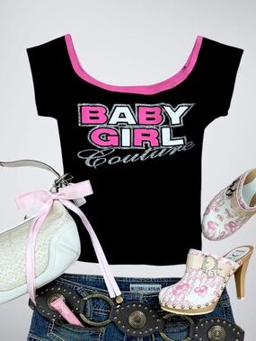 VINTAGE Y2K Ever Blue “Baby Girl Couture” Glitter Black & Pink Graphic Top |
